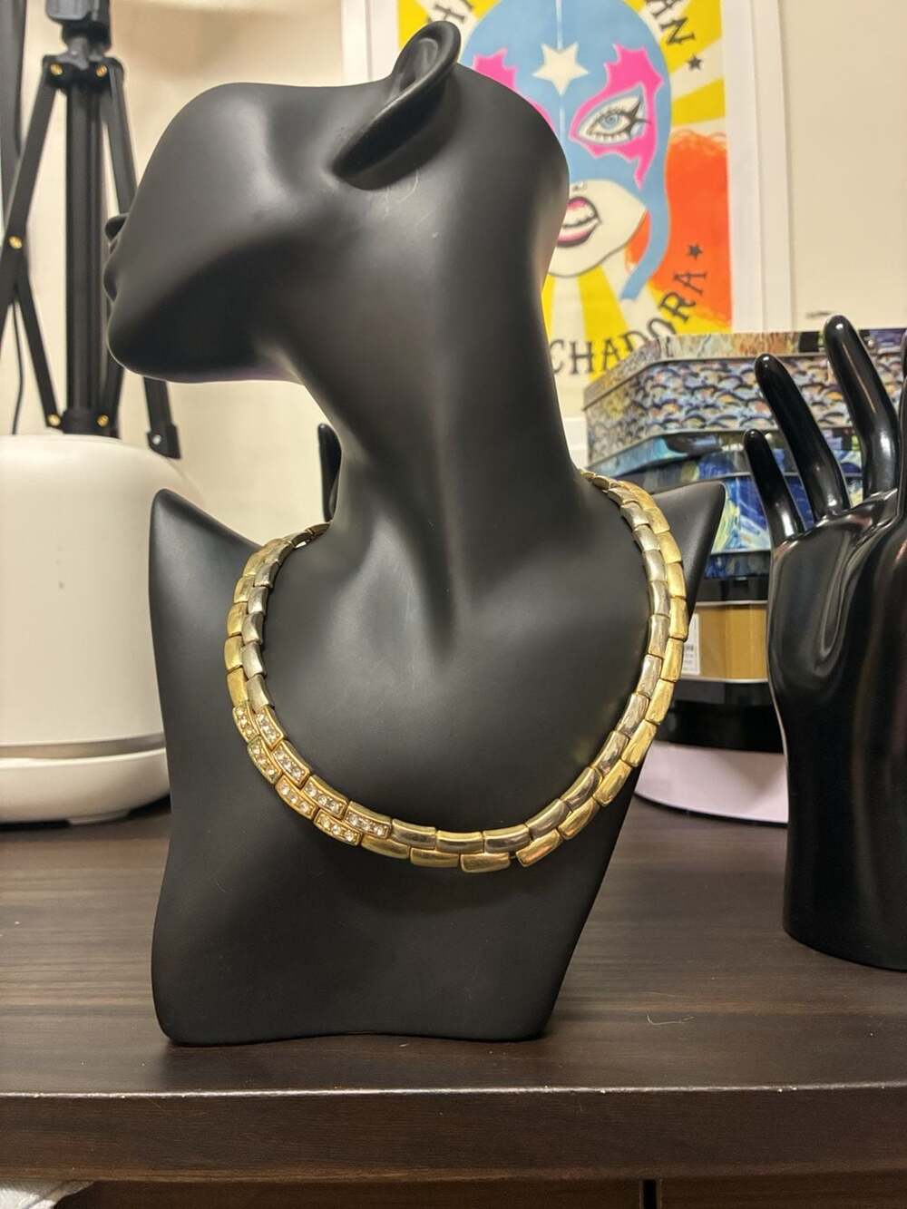 Two-Tone Gold Link Choker Necklace With Rhinestone Accents